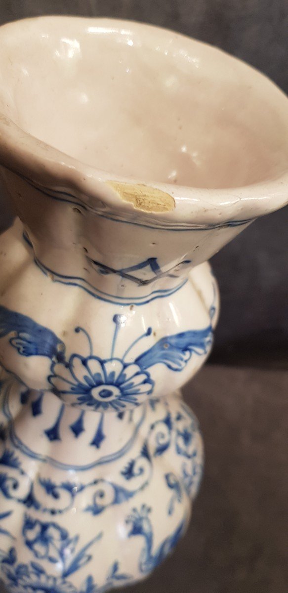 Antique Knobble Ceramic Vase Hand Painted In Netherlands Delft Blue-photo-4