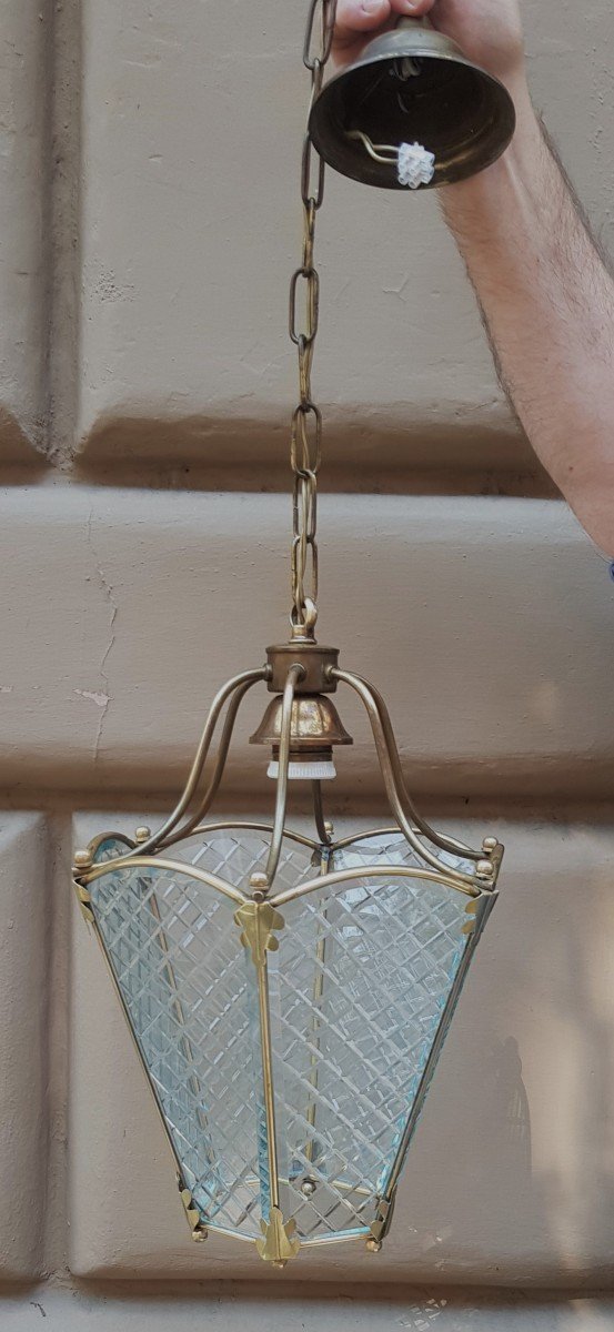 Ancienne Lanterne De Vestibule En Laiton Et Cristal-photo-2