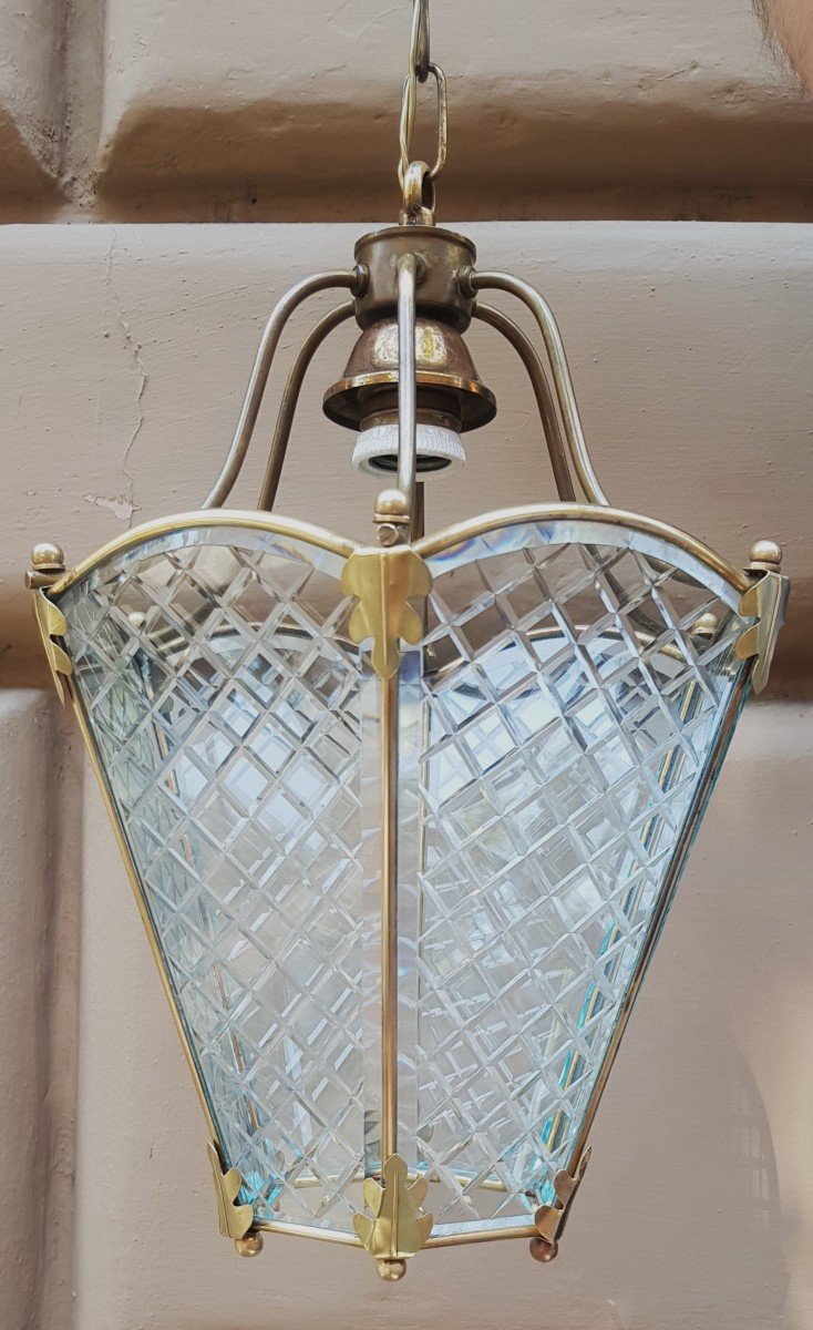 Ancienne Lanterne De Vestibule En Laiton Et Cristal-photo-3
