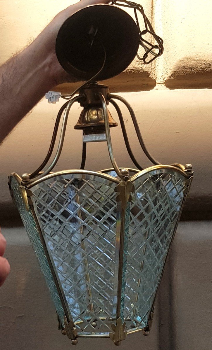 Ancienne Lanterne De Vestibule En Laiton Et Cristal