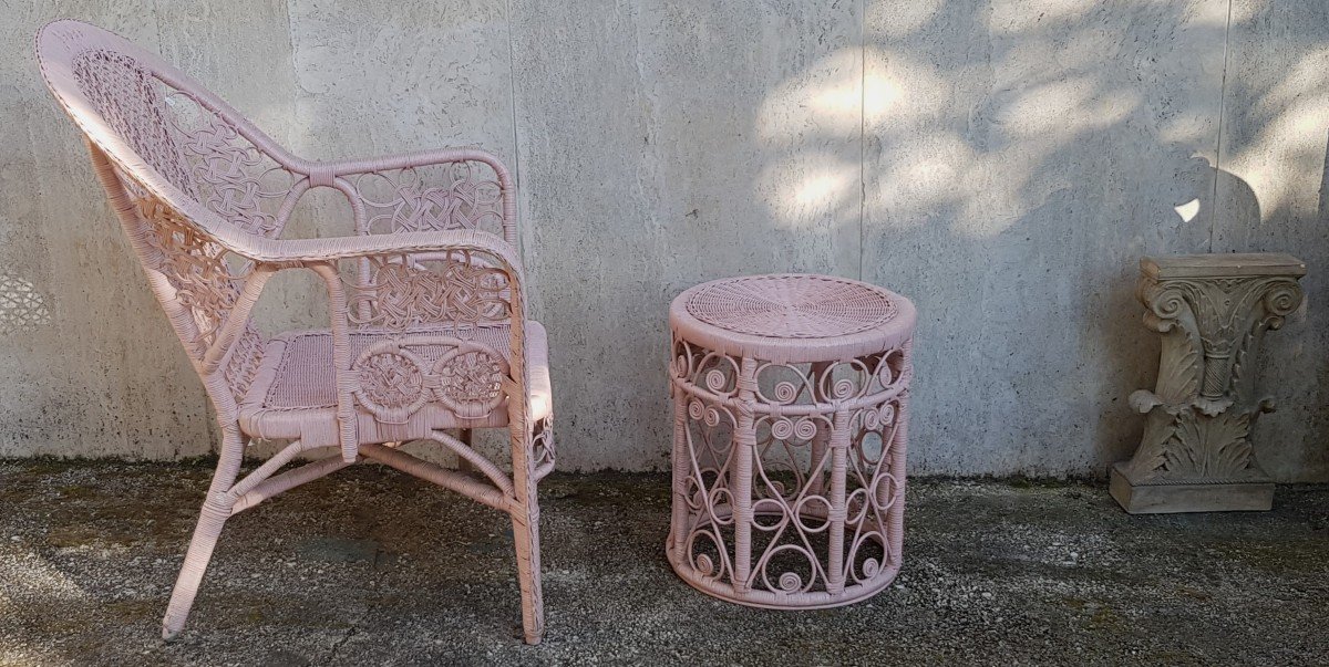 Old Armchair And Stool In Painted Wicker-photo-2