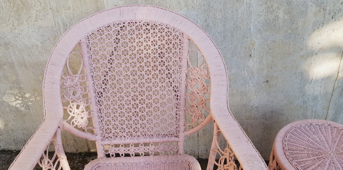 Old Armchair And Stool In Painted Wicker-photo-1