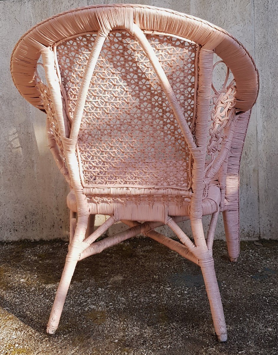 Old Armchair And Stool In Painted Wicker-photo-3