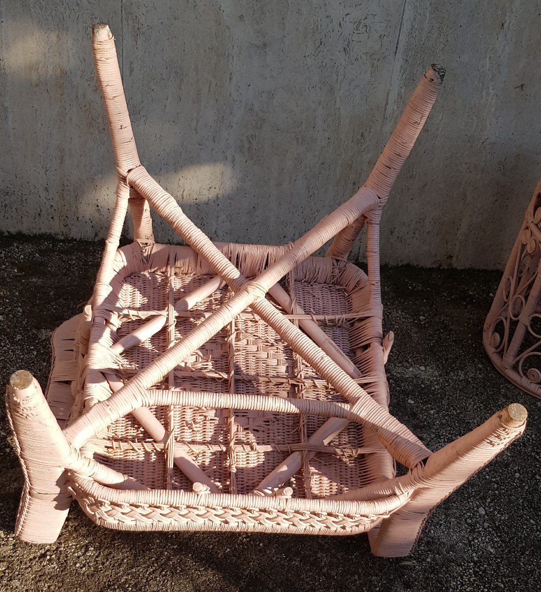 Old Armchair And Stool In Painted Wicker-photo-4