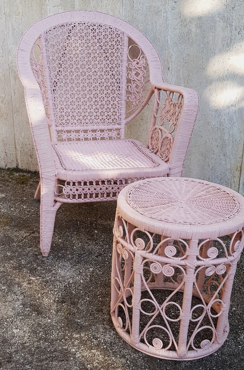 Old Armchair And Stool In Painted Wicker