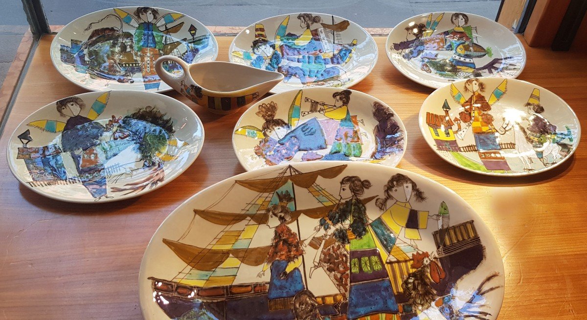 Table Service Middle Age, Ceramic Pieces Decorated By Nanni Valentini For Baratti Pesaro