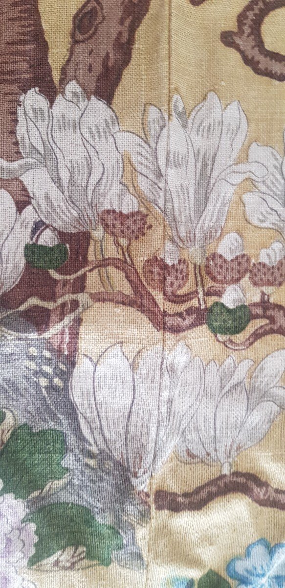 Quatre  Panneaux  De Rideaux Tissu De Lin Imprimé à La Planche Oiseaux Et Magnolias-photo-2