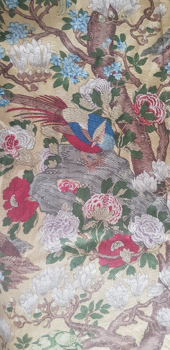 Quatre  Panneaux  De Rideaux Tissu De Lin Imprimé à La Planche Oiseaux Et Magnolias