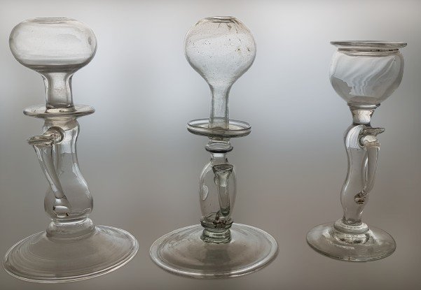 Lot Of Three Antique 19th Century Blown Glass Oil Lamps-photo-2