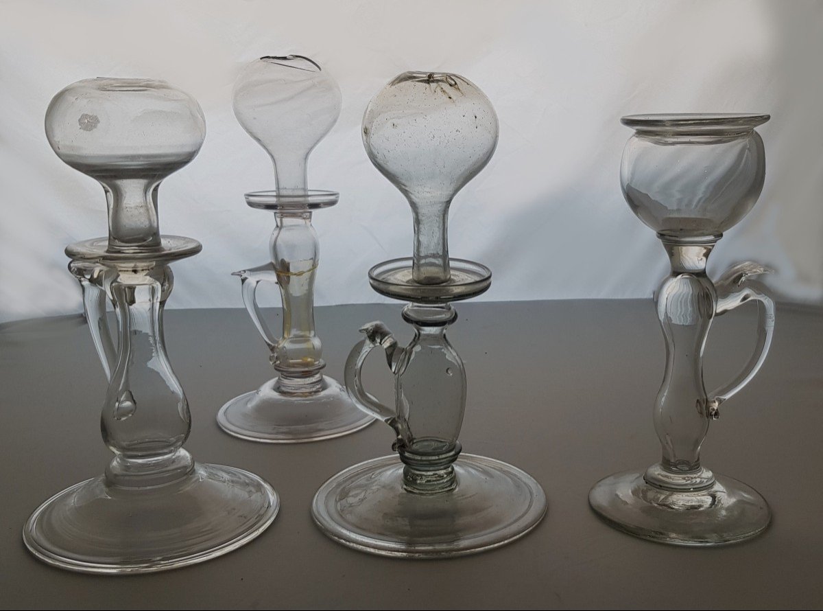 Lot Of Three Antique 19th Century Blown Glass Oil Lamps-photo-3