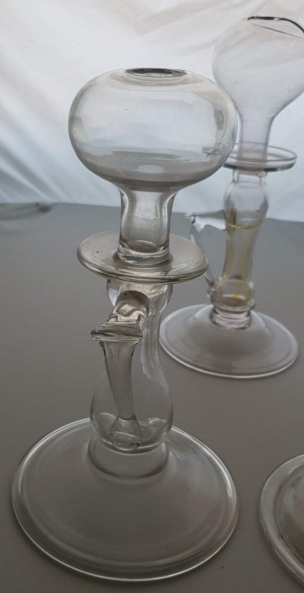Lot Of Three Antique 19th Century Blown Glass Oil Lamps-photo-2