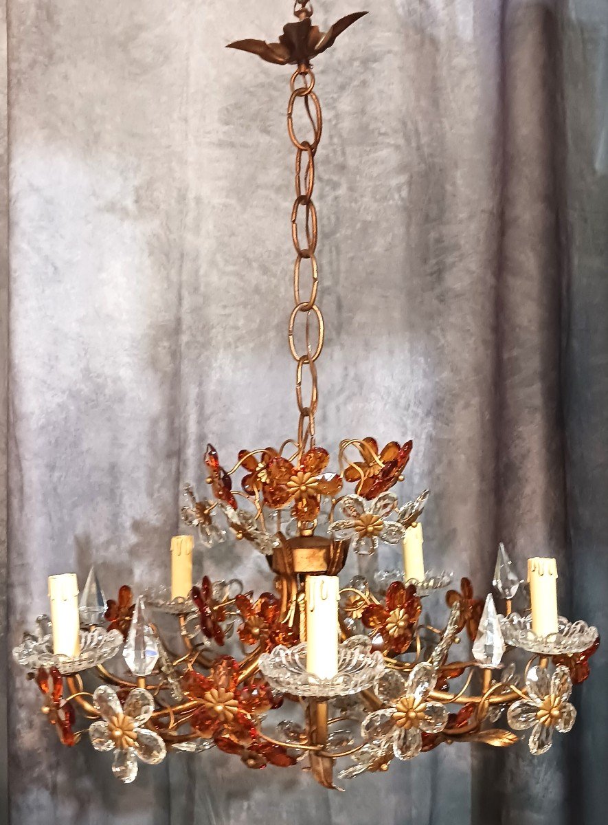 Old Chandelier Structure In Iron And Flowers In Colored Crystals Diameter 65 Cm-photo-2