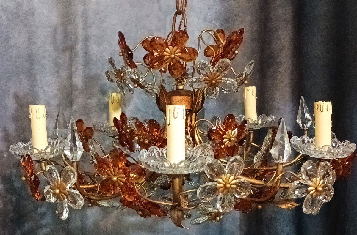 Old Chandelier Structure In Iron And Flowers In Colored Crystals Diameter 65 Cm-photo-3
