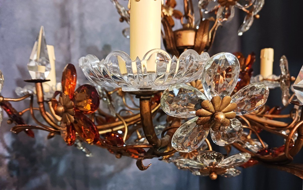 Old Chandelier Structure In Iron And Flowers In Colored Crystals Diameter 65 Cm-photo-4