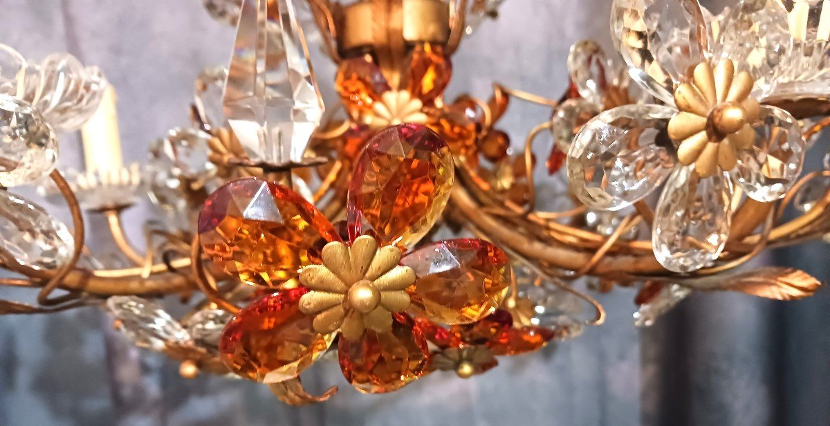 Old Chandelier Structure In Iron And Flowers In Colored Crystals Diameter 65 Cm-photo-1