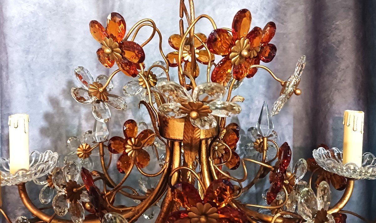 Old Chandelier Structure In Iron And Flowers In Colored Crystals Diameter 65 Cm-photo-3