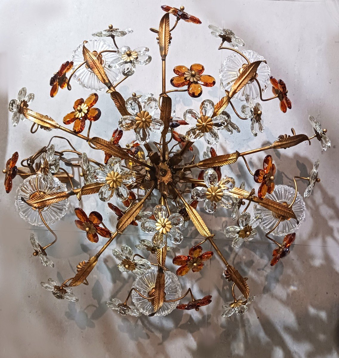 Old Chandelier Structure In Iron And Flowers In Colored Crystals Diameter 65 Cm