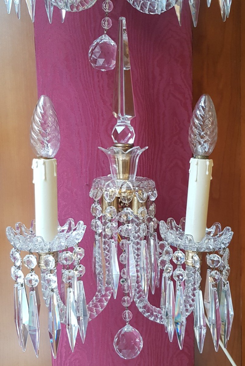 Pair Of Antique Dagger Sconces 2 Light Arms Garnished With Bohemian Crystal Pendants-photo-2