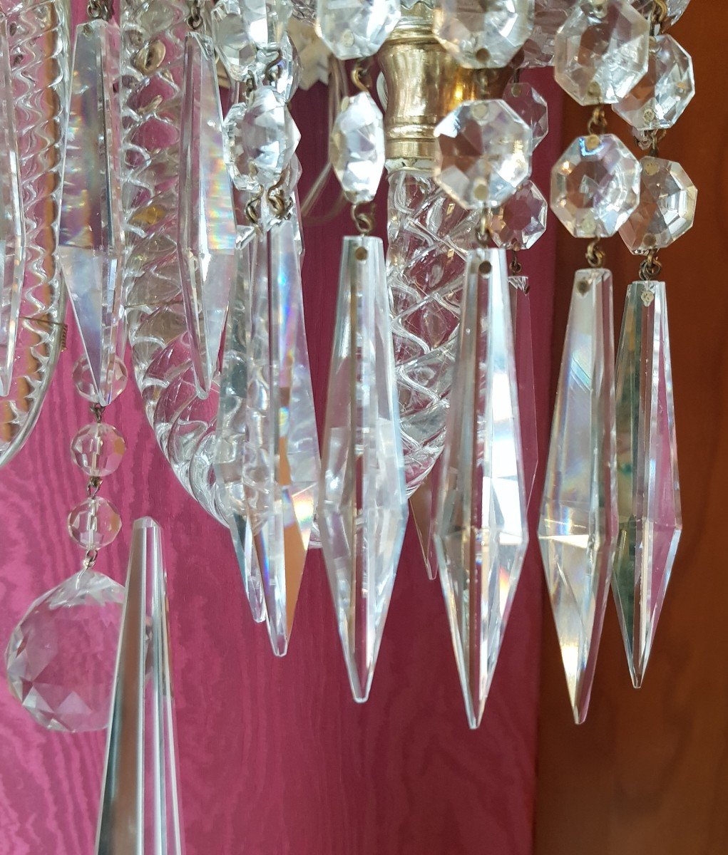 Pair Of Antique Dagger Sconces 2 Light Arms Garnished With Bohemian Crystal Pendants-photo-2