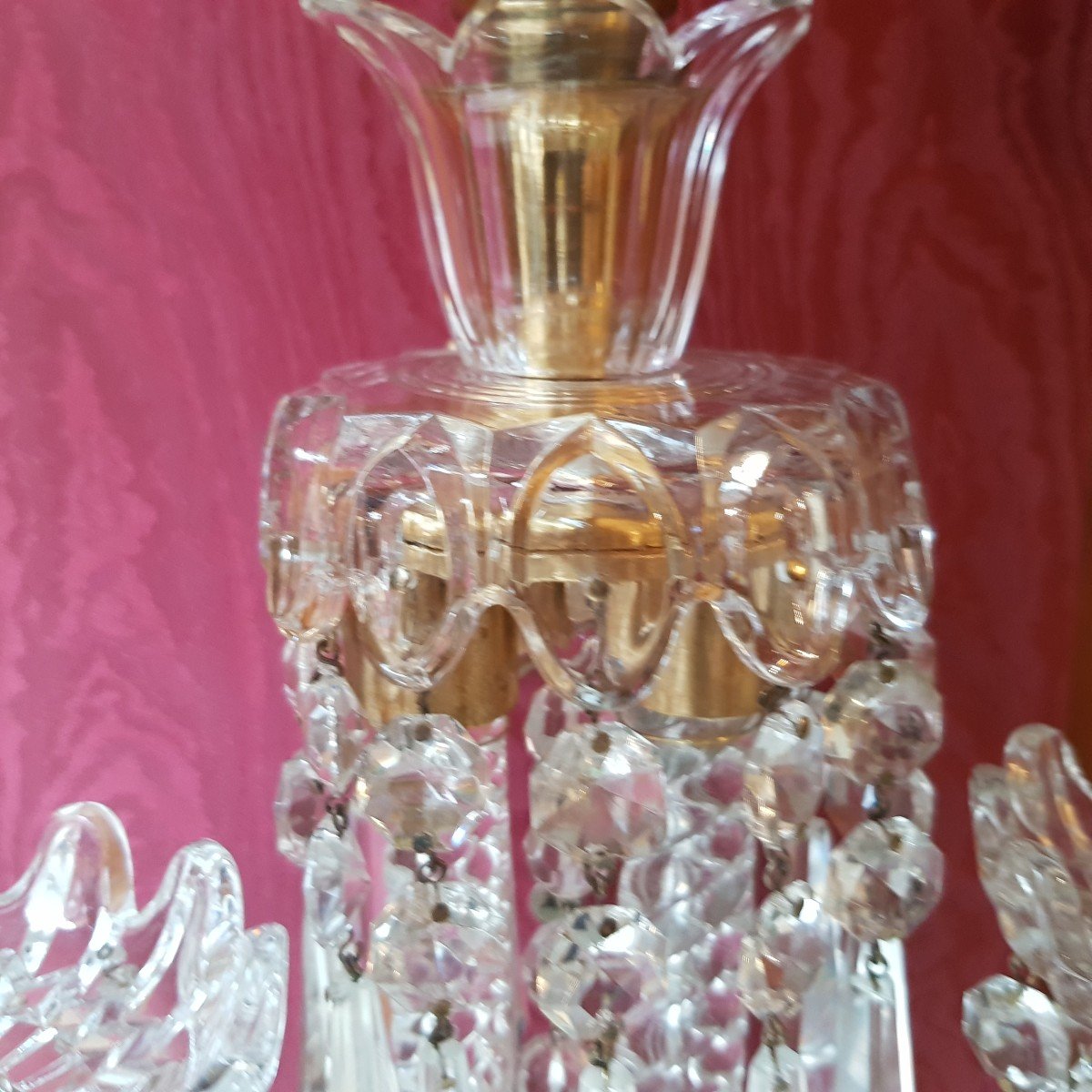 Pair Of Antique Dagger Sconces 2 Light Arms Garnished With Bohemian Crystal Pendants-photo-3