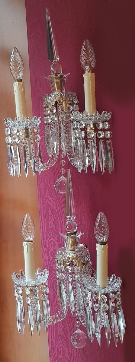 Pair Of Antique Dagger Sconces 2 Light Arms Garnished With Bohemian Crystal Pendants