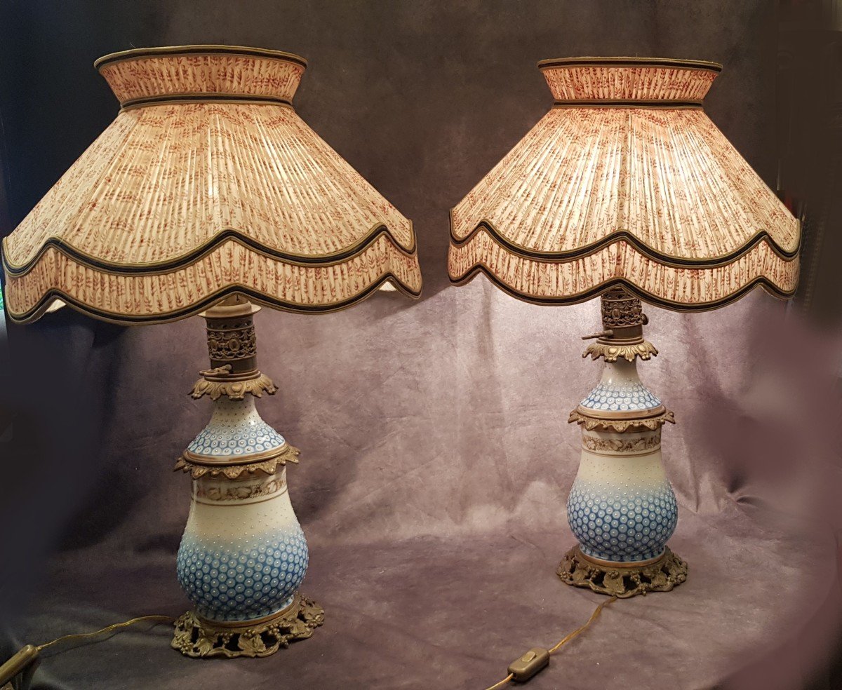Pair Of Old 19th Century Kerosene Lamps Electrified