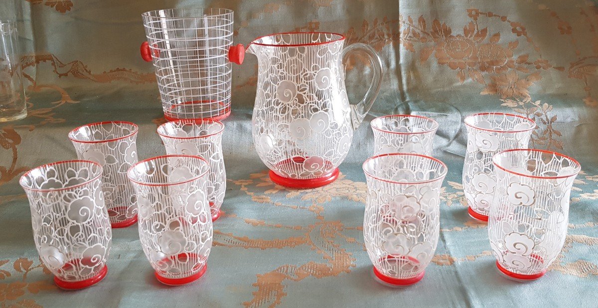 10-piece Orangeade Service, Pitcher, 8 Glasses And Ice Bucket From The 1950s Of The 20th C