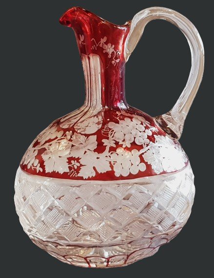 Ancient Bohemian Crystal Bottle With Cut And Engraved Red Grape Decoration-photo-3