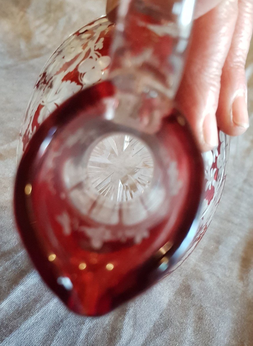 Ancient Bohemian Crystal Bottle With Cut And Engraved Red Grape Decoration-photo-7