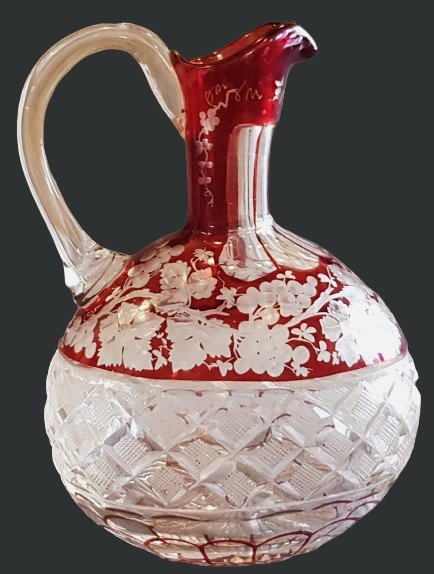 Ancient Bohemian Crystal Bottle With Cut And Engraved Red Grape Decoration