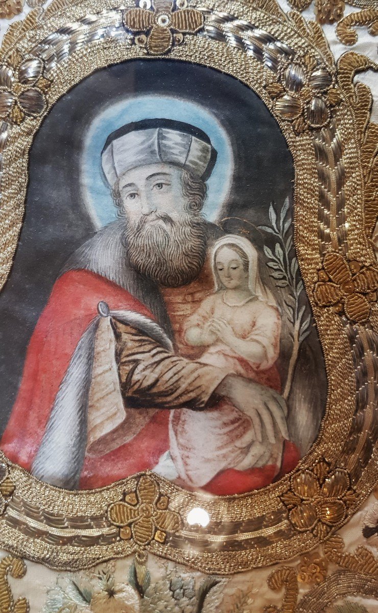 Painting Of Saint Joachim And The Virgin, 18th Century Gouache And Embroidery-photo-4