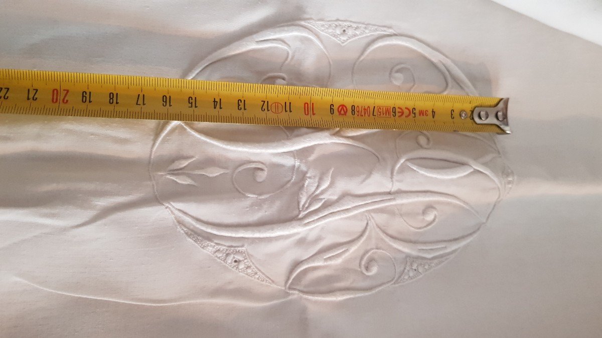 Old Set Of Linen Thread Visiting Sheet And Pillowcase And Milan Lace And Monogram-photo-6