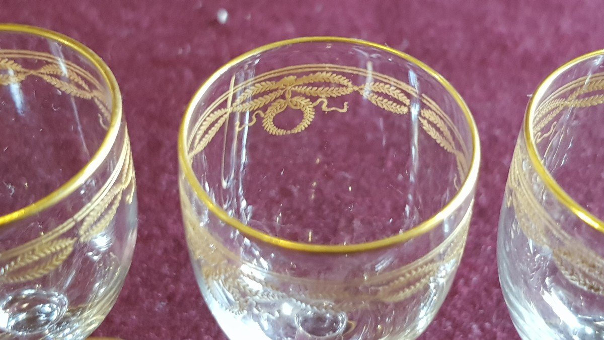 Series Of 9  Antique Crystal Liqueur Glasses Engraved Golden Frieze Baccarat Mod. Byzantine-photo-4