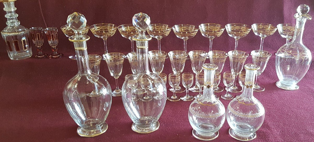 Series Of 9  Antique Crystal Liqueur Glasses Engraved Golden Frieze Baccarat Mod. Byzantine-photo-3