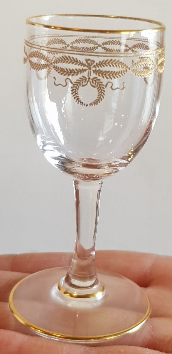 Series Of 9  Antique Crystal Liqueur Glasses Engraved Golden Frieze Baccarat Mod. Byzantine