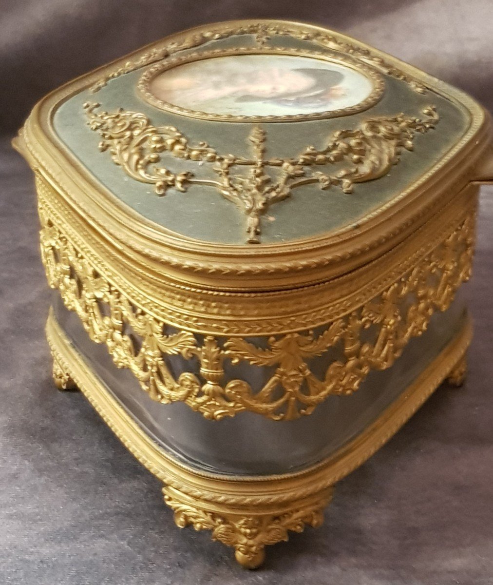  Ancien Coffret à Bijoux En Verre Et Laiton Avec Miniature-photo-1