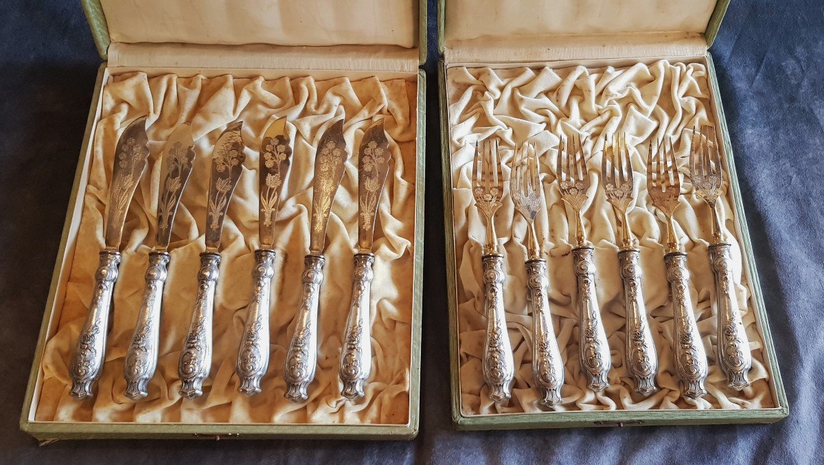 Couverts à Poisson Argent Fouré Art Nouveau Pour 6 Personnes