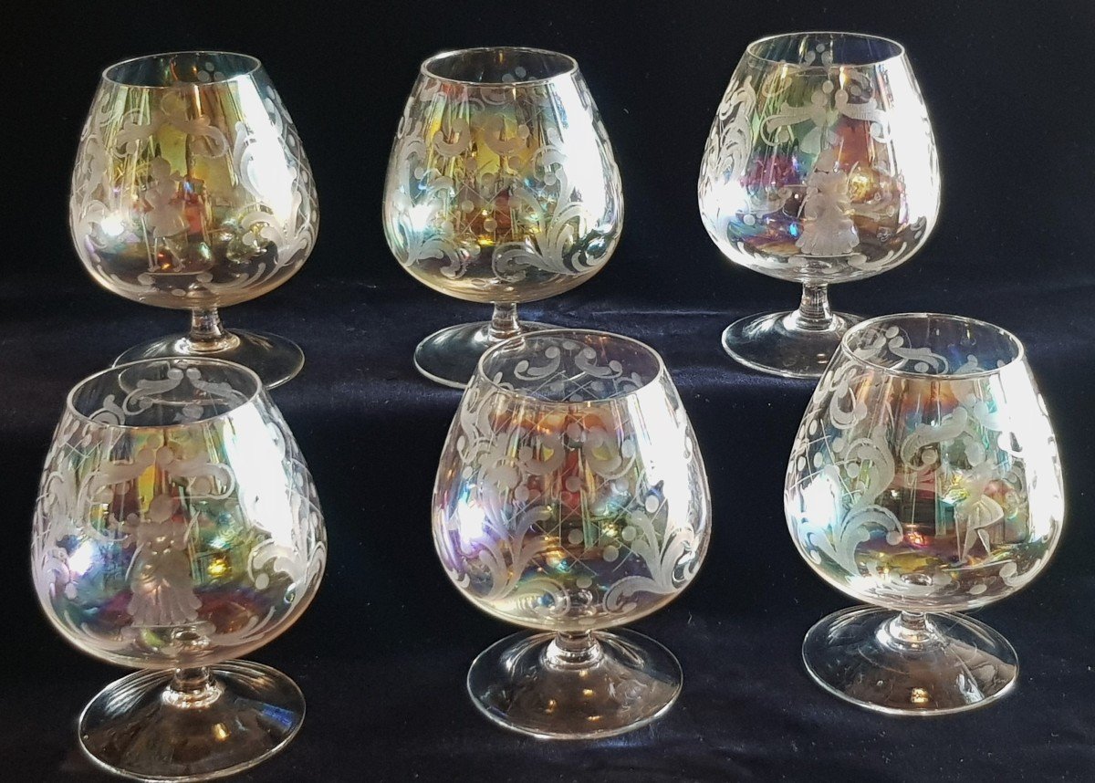 Serie De 6 Verres à Cognac Anciens  Vénitiens Moitié Du XX Siècle