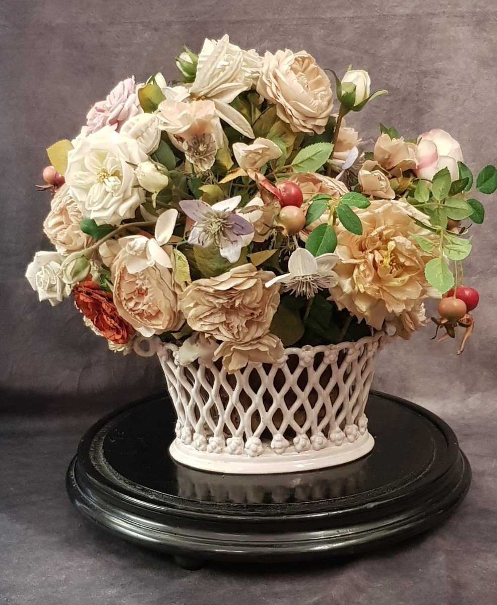 Old Bouquet Of Fabric Flowers Under Glass Globe 19th Century-photo-2