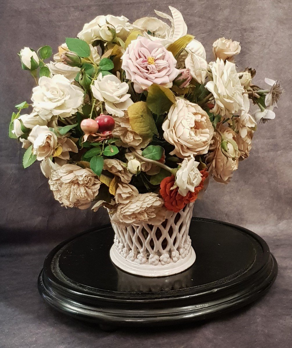 Old Bouquet Of Fabric Flowers Under Glass Globe 19th Century-photo-3