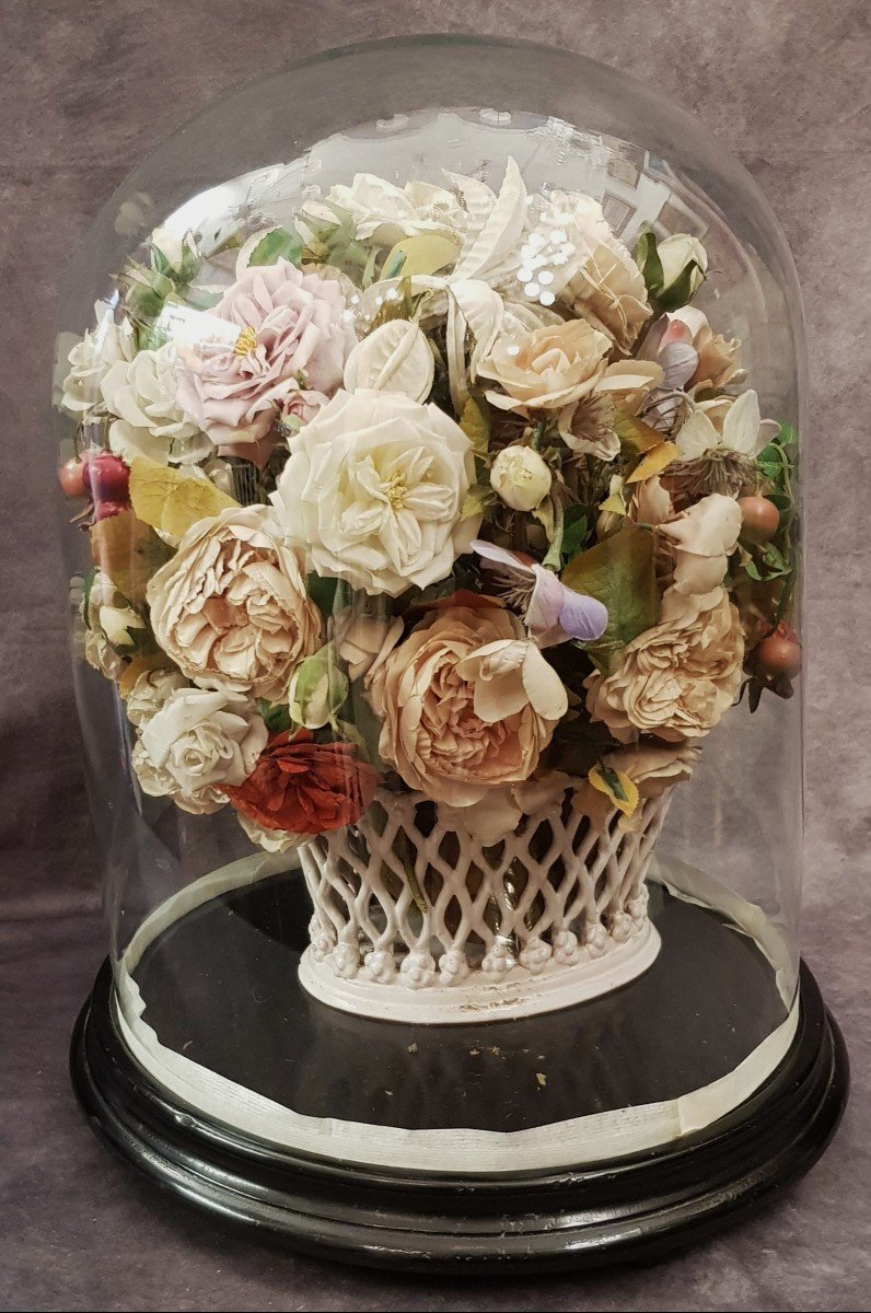 Old Bouquet Of Fabric Flowers Under Glass Globe 19th Century