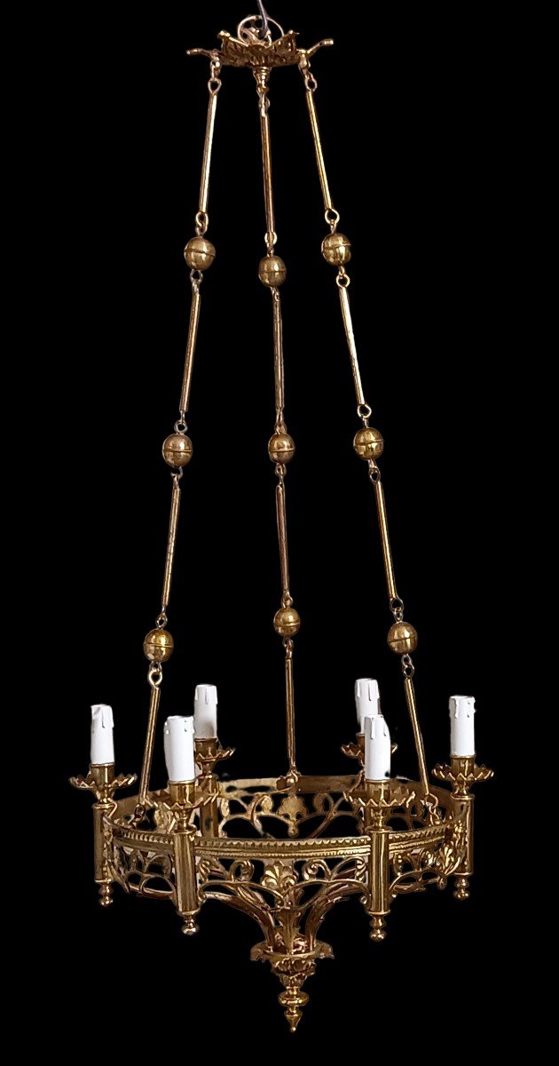 Old Neogothic Chandelier In Polished Bronze-photo-2