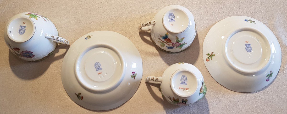Set Of 2 Coffee Cups And 1 Small Herend Queen Victoria Porcelain Milk Jug-photo-1