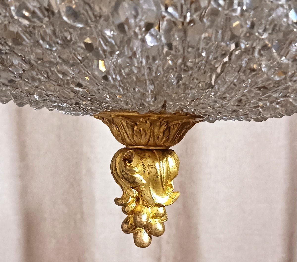 Old Rococo Square Bronze Ceiling Lamp And Crystal Bead Dome-photo-5