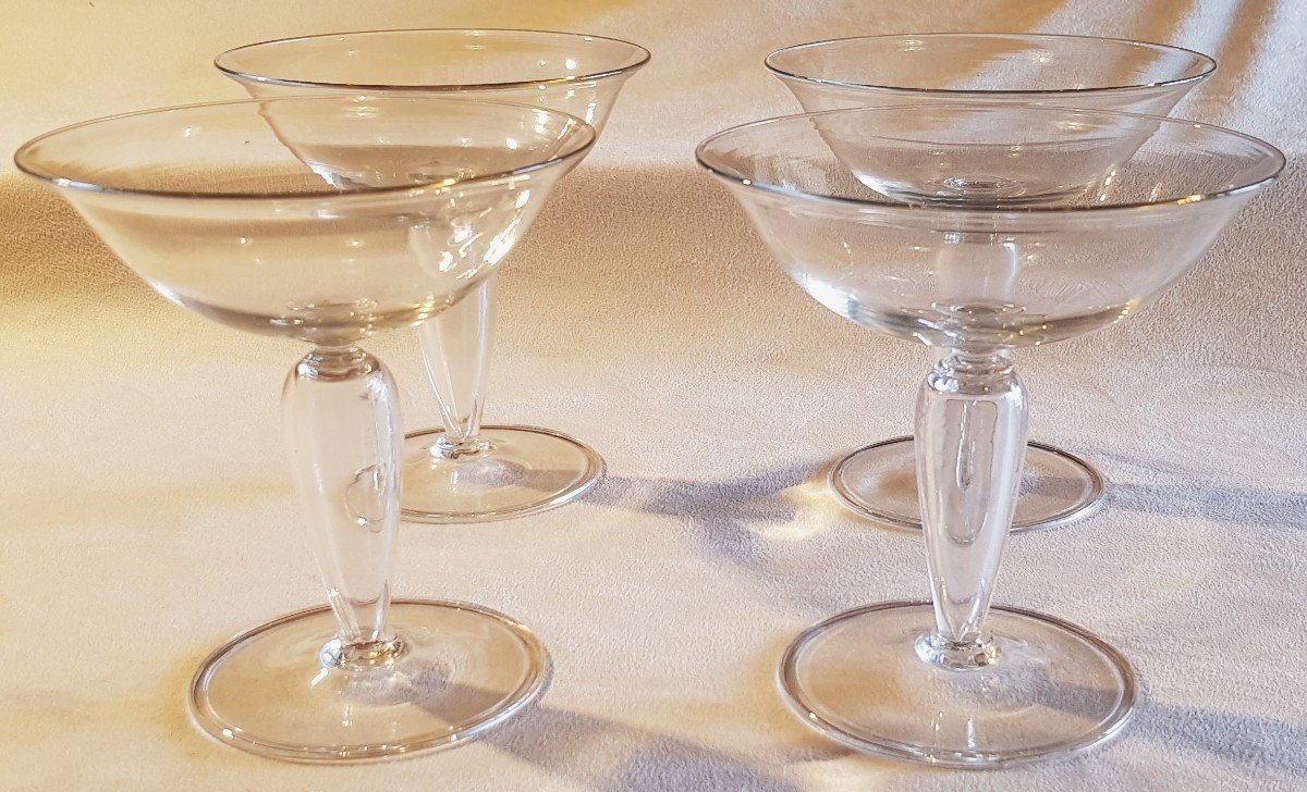Set Of 4 Old Champagne Glasses In Blown Glass