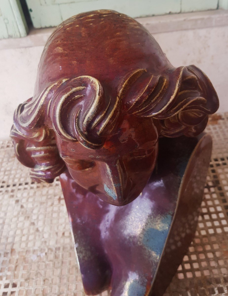 Large Female Half-bust Sculpture In Luster-glazed Ceramic, Signed Aldo Rontini-photo-4