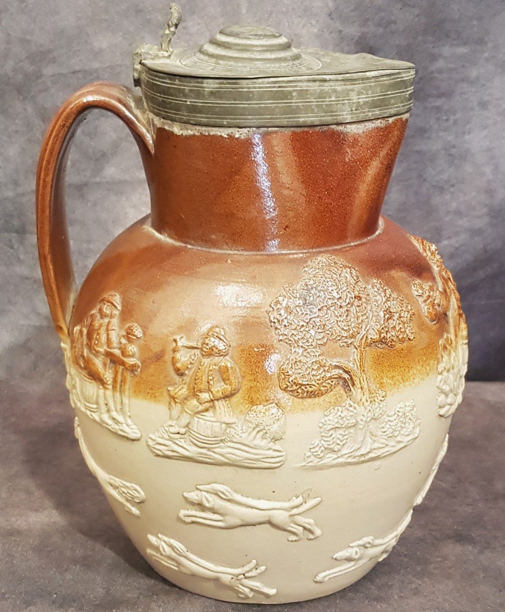 Grand Pichet Ancien Royal Doulton En Gres Avec Couvercle En étain