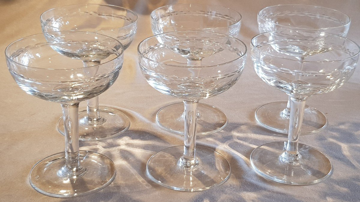 Set Of 6 Antique Champagne Glasses In Engraved Crystal-photo-3