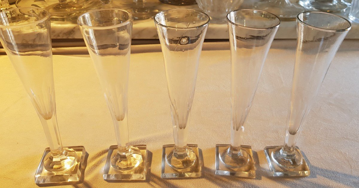 Set Of 5 Antique Crystal Flutes With Cut Sides From The Empire Period-photo-4