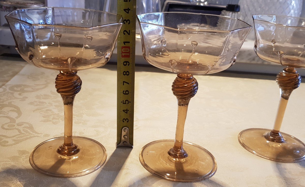 Set Of 6 Antique Murano Salviati Blown Glass Champagne Glasses-photo-6